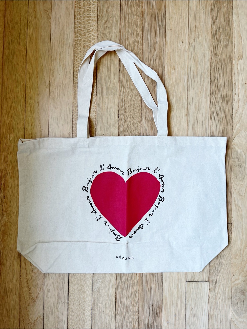 Sezane Cream Canvas Tote with Red Heart